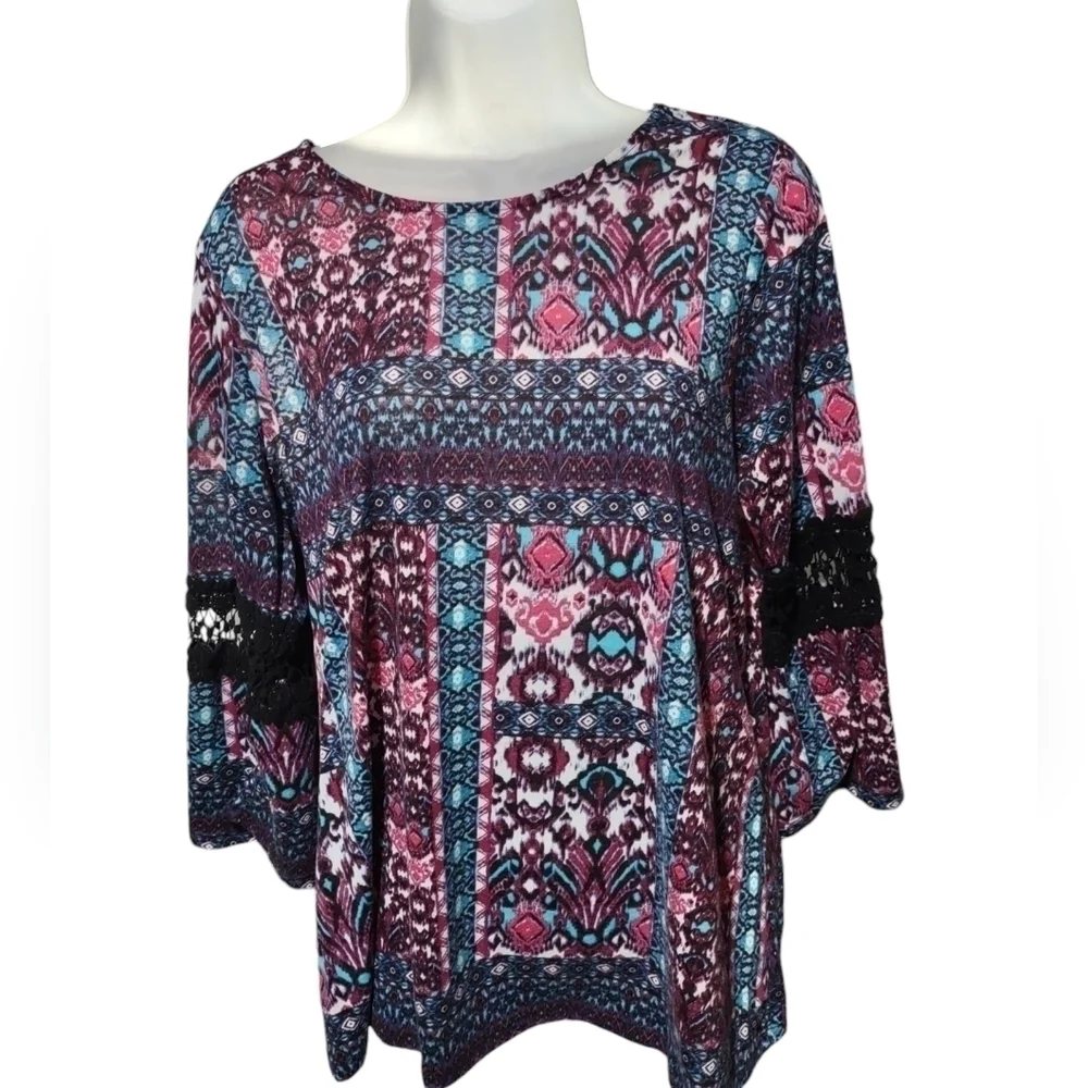 Kim Rogers Lace Print Top Purple Black Women's Size 1X - Picture 2 of 5